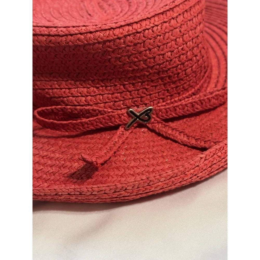 BETMAR NEW YORK Floppy Sun Hat Women's Red Paper Straw Wide Brim Beach LOGO‎